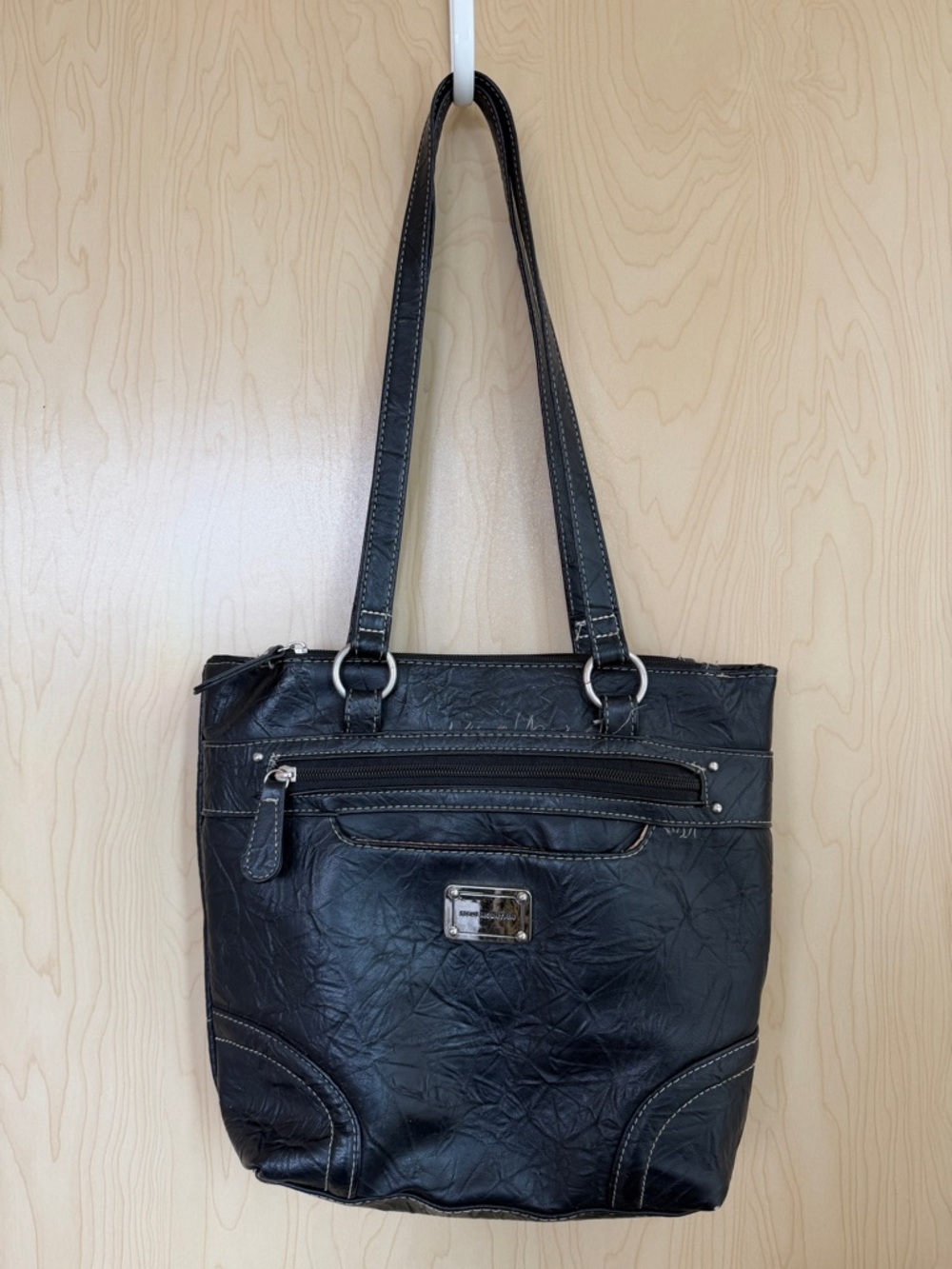 Stone & Company Classic Black Shoulder Tote Bag with Front Zip Pocket
